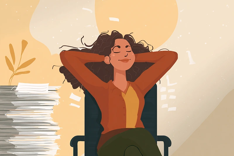 a woman relaxing after publishing all her posts for the day